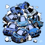  blue_background blue_car blue_theme car chibi choro-q highres honda honda_city lamborghini lamborghini_huracan lancia_(brand) lancia_stratos mazda mazda_mx-5 mazda_mx-5_na motor_vehicle nissan nissan_skyline nissan_skyline_gt-r nissan_skyline_r34 no_humans satosio shadow smoke spoiler_(automobile) sports_car sports_utility_vehicle subaru_(brand) subaru_impreza suzuki_(company) suzuki_jimny toyota toyota_86 toyota_supra toyota_supra_mk_v vehicle_focus 