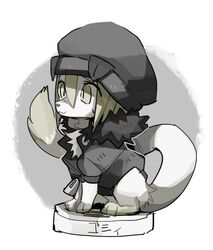  animal animal_focus beanie black_jacket blonde_hair chibi clothed_animal commentary_request dog full_body fur_collar grey_background hat jacket no_humans original short_hair sitting solo translation_request wintom 