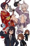  2boys 2girls absurdres animal_ears aoi_(yooo009) black_hair brown_hair chibi closed_mouth fake_animal_ears floral_print flower full_body glasses gun hair_flower hair_ornament highres hood hoodie japanese_clothes kikuchihara_shirou kitora_ai kuga_yuuma long_hair long_sleeves looking_at_viewer multiple_boys multiple_girls necktie non-web_source obi purple_hair rabbit_ears rabbit_tail red_eyes salute sash school_uniform semi-rimless_eyewear short_hair simple_background sitting smile socks tail under-rim_eyewear usami_shiori violet_eyes weapon white_background white_footwear world_trigger 