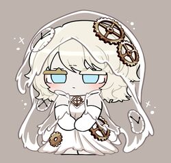  1girl cape chibi cloak clock_hair_ornament closed_mouth colored_eyelashes dress e.g.o_(project_moon) elbow_gloves everlasting_faust_(project_moon) faust_(project_moon) gear_hair_ornament gloves grey_background leotard limbus_company matiyan923 mismatched_eyelashes project_moon see-through_cape simple_background solo strapless strapless_leotard white_cape white_cloak white_dress white_gloves white_veil 