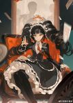  1girl absurdres armchair artist_name black_dress black_hair black_jacket black_nails black_skirt black_thighhighs card celestia_ludenberg center_frills chair chongzhen_085 closed_mouth column danganronpa_(series) doorway dress drill_hair earrings feet_out_of_frame fire flaming_halo frilled_skirt frills full_body gothic_lolita halo highres indoors jacket jewelry legs_together lolita_fashion long_hair maid_headdress motion_blur nail_polish necktie on_chair picture_frame pillar playing_card poker_chip red_eyes red_necktie ringlets roulette roulette_table sidelocks sitting skeleton skirt straight-on table thigh-highs twin_drills twintails 