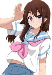  1girl absurdres becky_oekaki blue_sailor_collar blue_skirt brown_hair hand_up hibike!_euphonium highres inoue_junna kitauji_high_school_uniform long_hair looking_at_viewer midriff_peek navel neckerchief pink_neckerchief pleated_skirt sailor_collar school_uniform serafuku short_sleeves skirt smile solo summer_uniform thick_eyebrows upper_body white_background white_serafuku 