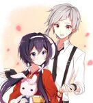  1boy 1girl ahoge belt black_gloves black_hair black_necktie blue_eyes blush bungou_stray_dogs closed_mouth collared_shirt fingerless_gloves flower gloves grey_hair hair_flower hair_ornament hairband hetero holding holding_hands holding_stuffed_toy izumi_kyouka_(bungou_stray_dogs) japanese_clothes joman kimono long_hair looking_at_another low_twintails multicolored_eyes multicolored_hair nakajima_atsushi_(bungou_stray_dogs) necktie open_mouth petals red_kimono sash shirt short_hair smile streaked_hair stuffed_animal stuffed_rabbit stuffed_toy suspenders third-party_source twintails violet_eyes white_hairband white_shirt yellow_eyes yellow_sash 