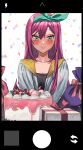  1girl absurdres aubrey_(omori) birthday_cake blush breasts cake food hairband highres long_hair looking_at_viewer omori pink_hair smile solo 
