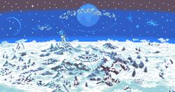  absurdres building highres honkai:_star_rail honkai_(series) in_orbit landscape moon mountain no_humans pixel_art planet scenery sky snow space star_(sky) starry_sky tomoruka_mr 