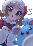  1girl :o ? blue_overalls bow brown_eyes brown_hair cabbie_hat grey_outline hat hat_bow highres lyra_(pokemon) marill omochi_(omotimotittona3) open_mouth outline overalls pokemon pokemon_(creature) pokemon_hgss red_bow short_hair speech_bubble spoken_question_mark squatting thigh-highs white_hat white_thighhighs 