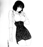  1girl bad_id bad_pixiv_id black_hair breasts closed_mouth collarbone dende_(dndn222) dress greyscale highres large_breasts looking_at_viewer monochrome original pulling_own_clothes scan scan_artifacts shirt short_hair solo standing thighs traditional_media white_shirt 