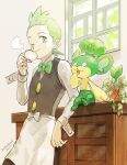  1boy apron black_vest bow bowtie cilan_(pokemon) cup drinking fon-due_(fonfon) green_eyes green_hair holding holding_cup long_sleeves male_focus one_eye_closed pansage plant pokemon pokemon_(creature) pokemon_bw potted_plant red_bow red_bowtie shirt short_hair smile steam vest waist_apron white_shirt window 