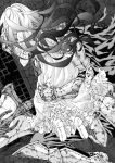  1boy 1girl armor cape carrying carrying_person dress dungeon ender_lilies_quietus_of_the_knights full_armor greyscale highres knight knight_captain_julius lily_(ender_lilies) long_hair monochrome nanai_yuki polearm weapon 