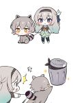  1boy 1girl absurdres animal_ears black_hairband blue_eyes blue_hair blue_ribbon blue_thighhighs blush brown_jacket caelus_(honkai:_star_rail) chibi chibi_only closed_mouth collar dress firefly_(honkai:_star_rail) full_body gradient_hair green_dress grey_fur grey_hair hair_between_eyes hair_ornament hair_ribbon hairband highres holding honkai:_star_rail honkai_(series) jacket kemonomimi_mode korean_commentary leaf_hair_ornament long_hair long_sleeves looking_at_another looking_to_the_side moongzzi_s2 multicolored_hair neckerchief open_mouth orange_neckerchief raccoon_ears raccoon_tail red_collar ribbon running sailor_collar shoes short_hair simple_background sitting smile sparkle standing sweatdrop tail thigh-highs trailblazer_(honkai:_star_rail) trash_bag trash_can two-tone_dress v-shaped_eyebrows white_background white_dress white_footwear yellow_eyes 