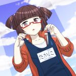  1girl blue_sky blunt_bangs brown_hair clouds cloudy_sky commentary_request dutch_angle frown glasses hands_up holding holding_clothes holding_swimsuit indie_virtual_youtuber jacket looking_at_viewer magari_(c0rn3r) open_clothes open_jacket open_mouth orange_jacket red_eyes school_swimsuit shirt short_twintails sky solo swimsuit takajin-chan track_jacket twintails upper_body virtual_youtuber white_shirt 