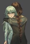  2girls black_jacket blue_shirt braid brown_eyes brown_hair closed_mouth eyepatch female_commander_(girls&#039;_frontline) girls_frontline green_hair grey_background hug jacket long_hair long_sleeves looking_at_viewer m16a1_(girls&#039;_frontline) mole mole_under_eye multicolored_hair multiple_girls scar shirt simple_background smile xanax025 yellow_eyes yellow_shirt 
