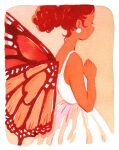  1girl border butterfly_wings closed_eyes curly_hair dark-skinned_female dark_skin dress earrings fairy fairy_wings from_side hand_on_own_chest heikala highres insect_wings jewelry monarch_butterfly monochrome orange_background orange_theme orange_wings original painting_(medium) ponytail profile redhead simple_background sleeveless sleeveless_dress sphere_earrings traditional_media watercolor_(medium) white_border white_dress wings 