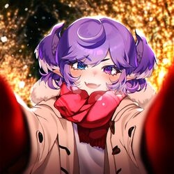  1girl ahoge blue_eyes brown_jacket fangs fur_trim gloves head_wings highres jacket light looking_at_viewer medium_hair meme night nijisanji nijisanji_en outdoors pointy_ears pov pov_cheek_warming_(meme) purple_hair red_gloves red_scarf savi_(byakushimc) scarf selen_tatsuki shirt skin_fangs smile solo upper_body violet_eyes virtual_youtuber white_shirt wings 