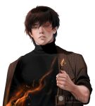  1boy absurdres alternate_costume artist_name avatar:_the_last_airbender avatar_legends black_hair burn_scar commentary english_commentary english_text fire formal highres jyundee male_focus patreon_logo patreon_username scar scar_across_eye scar_on_face short_hair simple_background solo suit teeth turtleneck white_background zuko 