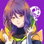  1girl 24mbb brown_eyes gina_(gnosia) gloves gnosia hair_between_eyes heterochromia hood hoodie long_hair long_sleeves looking_at_viewer medium_hair purple_hair simple_background smile solo upper_body wavy_hair 