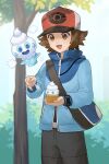  1boy :d bag baseball_cap belt_buckle blue_jacket brown_eyes brown_hair buckle commentary_request day food happy hat hilbert_(pokemon) holding holding_spoon ice_cream jacket long_sleeves male_focus miicheer open_mouth outdoors pants pokemon pokemon_(creature) pokemon_bw short_hair shoulder_bag smile spoon tree vanillite xtransceiver zipper_pull_tab 