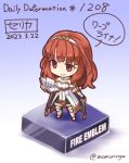  1girl bare_shoulders book cape celica_(fire_emblem) chibi copyright_name dated dress fire_emblem fire_emblem_echoes:_shadows_of_valentia full_body fushigi_ebi gradient_background holding holding_book medium_hair open_book red_eyes redhead smile solo standing tiara twitter_username white_dress 