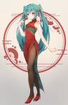  1girl aqua_eyes aqua_hair bare_shoulders bodystocking china_dress chinese_clothes clothing_cutout commentary_request covered_navel cross-laced_clothes cross-laced_dress dress floral_print folding_fan hand_fan hatsune_miku high_heels highres holding holding_fan long_hair red_dress red_footwear red_ribbon ribbon solo standing suiren_nei twintails underboob_cutout vocaloid 