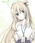  1girl :o baran._(ba_ra_ran) black_skirt blonde_hair blue_archive blush breasts collarbone collared_shirt commentary dress_shirt eyes_visible_through_hair green_background green_eyes green_halo hair_between_eyes hair_bun halo head_tilt highres jacket jacket_partially_removed lanyard large_breasts long_hair looking_at_viewer nonomi_(blue_archive) open_mouth pleated_skirt school_uniform shirt sidelocks single_side_bun skirt solo upper_body white_background white_shirt 