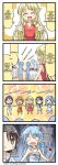 1boy 4koma 5girls 6+others alternate_costume bang_dream! closed_eyes comic dress english_text flower_hair_ornament hair_flower hello_happy_world! holding_drink holding_drinking_glass jewelry kitazawa_hagumi matsubara_kanon official_art okusawa_misaki open_mouth seta_kaoru suit sweat table translated tsurumaki_kokoro