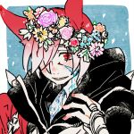  1boy animal_ears blue_background blush cat_ears crystal_exarch final_fantasy final_fantasy_xiv fingernails flower_wreath g&#039;raha_tia hand_up head_wreath itowo_(itowc) looking_at_viewer male_focus red_eyes redhead smile solo upper_body 