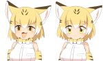  1girl :3 animal_ears blonde_hair blush bow bowtie breasts cat_ears cat_girl closed_mouth commentary_request elbow_gloves expressionless expressions fangs gloves kemono_friends large_breasts lets0020 medium_bangs open_mouth sand_cat_(kemono_friends) shirt short_hair simple_background sleeveless sleeveless_shirt smile upper_body v-shaped_eyebrows white_background white_hair white_shirt yellow_bow yellow_bowtie yellow_gloves 