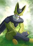  1boy blurry bokeh cell_(dragon_ball) commentary_request depth_of_field dragon_ball dragon_ball_z highres indian_style looking_at_viewer male_focus perfect_cell pink_eyes sitting smile solo takumi1230g 