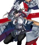  1girl absurdres adapted_turret anti-aircraft_gun black_gloves black_pantyhose blonde_hair blue_eyes blush breasts cannon capelet celtic_knot cross flight_deck gegeron gloves graf_zeppelin_(kancolle) hair_between_eyes hat highres iron_cross kantai_collection large_breasts long_hair looking_at_viewer military military_hat military_uniform pantyhose peaked_cap rigging sidelocks signature skirt solo twintails uniform 