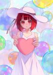  1girl absurdres arima_kana bob_cut bubble closed_mouth dress hat hat_ribbon heart highres inverted_bob looking_at_viewer oshi_no_ko red_eyes redhead ribbon short_hair solo white_dress white_headwear xiang_yu_pai 