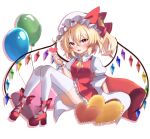  1girl absurdres ascot balloon blonde_hair crystal_wings flandre_scarlet full_body hat hat_ribbon heart high_heels highres iris_(airisu495) open_mouth red_eyes red_ribbon ribbon side_ponytail simple_background solo thigh-highs touhou white_background white_mob_cap white_thighhighs wrist_cuffs yellow_ascot 