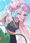  1girl bellibolt blue_hair bow-shaped_hair breasts character_hair_ornament frills hair_ornament iono_(pokemon) long_hair looking_at_viewer magnemite mizuiro123 multicolored_hair pink_hair pokemon pokemon_(creature) pokemon_sv smile swimsuit teeth two-tone_hair water 