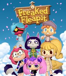  6+girls animal_crossing animal_crossing_(style) bellboy_(freaked_fleapit) blonde_hair blue_eyes blue_sky blush_stickers character_request clouds eyepatch eyeshadow fasaria_(freaked_fleapit) freaked_fleapit_(game) freakedfleapit freckles furry furry_female glasses hair_ornament highres holding holding_phone key keyla_(freaked_fleapit) logo_parody looking_at_viewer makeup midriff multiple_girls petals phone pink_hair ponytail ruby_(freaked_fleapit) sister_june_(freaked_fleapit) skull_hair_ornament sky smile tail twintails wings 
