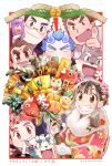  1girl 2020 6+boys arrow_(projectile) bamboo blue_hair boar border brown_eyes brown_hair cat dog_boy fire fish floral_print_kimono folding_fan grin hand_fan hanuman_(housamo) hay_bale highres holding moritaka_(housamo) motoori_shiro multiple_boys no_nose open_mouth pen pentagram protagonist_2_(housamo) redhead sakimori_toji salomon_(housamo) scar scar_on_cheek scar_on_face scar_on_nose smile sumi_wo_hakuneko takabushi_kengo target thumbs_up tokyo_afterschool_summoners translation_request white_border yakushimaru_ryota 