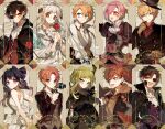  3girls 6+girls akane_aoi aoi_akane blonde_hair blue_eyes bow brown_vest closed_mouth dress green_eyes green_hair hair_bow hair_rings hanako_(jibaku_shounen_hanako-kun) hyuuga_natsuhiko jibaku_shounen_hanako-kun long_sleeves looking_at_viewer maid_headdress mask_over_one_eye medium_hair minamoto_kou minamoto_teru mitsuba_sousuke multiple_girls nanamine_sakura open_mouth orange_eyes orange_hair parted_bangs phantom_of_the_opera pink_eyes pink_hair puffy_long_sleeves puffy_sleeves purple_bow sapphire_(nine) shirt sidelocks smile vest white_dress white_shirt yashiro_nene yugi_tsukasa 