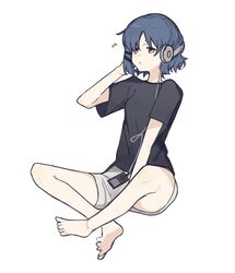  1girl alternate_costume bare_legs barefoot black_shirt black_t-shirt blue_hair bocchi_the_rock! closed_mouth commentary expressionless full_body hair_ornament hairclip hand_up headphones highres indian_style kirara_fantasia looking_ahead musical_note noyane shawl shirt short_hair short_sleeves sitting solo symbol-only_commentary t-shirt three_quarter_view white_background white_shawl yamada_ryo yellow_eyes 