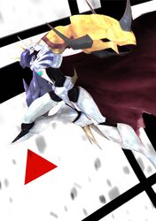  1boy absurdres armor blue_eyes cape digimon digimon_(creature) full_body highres horns multiple_heads name_e04 omegamon red_cape shield shoulder_armor solo spikes two-sided_cape two-sided_fabric white_background white_cape 