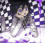  1boy bbbbbaasos black_hair black_hat blood blood_on_hands checkered_background checkered_clothes checkered_scarf danganronpa_(series) danganronpa_v3:_killing_harmony hair_between_eyes hat highres long_sleeves looking_at_viewer lying male_focus oma_kokichi on_stomach open_mouth purple_blood scarf simple_background solo straitjacket violet_eyes 