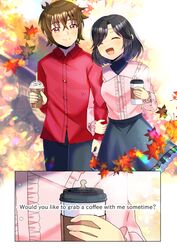  1boy 1girl :d ^_^ autumn_leaves black_hair black_pants black_skirt blush brown_eyes brown_hair center_frills closed_eyes coffee_cup collared_shirt commentary_request commission cup day disposable_cup dress_shirt english_text frilled_skirt frilled_sleeves frills holding holding_cup kou_hiyoyo leaf locked_arms long_sleeves maple_leaf original pants puffy_long_sleeves puffy_sleeves red_shirt shirt skeb_commission skirt sleeves_past_wrists smile 