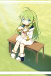  1girl :q absurdres ahoge aqua_eyes cake chinese_commentary commentary_request food full_body fur_trim gold_trim grass green_hair highres holding holding_plate holding_spoon kuma-bound long_hair on_bench original outdoors plate pointy_ears sitting solo spoon sunlight tongue tongue_out 