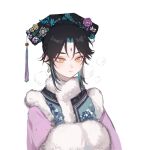  aegyo_sal alternate_costume alternate_hairstyle androgynous aqua_hair black_hair chinese_clothes crossdressing dangle_earrings doupu41 earrings floral_print_shirt flower fur_trim genshin_impact hair_flower hair_ornament hair_up half-closed_eyes hat_tassel highres jewelry liangbatou looking_ahead male_focus manchu_clothes multicolored_hair parted_bangs pink_sleeves pointy_ears portrait simple_background slit_pupils solo two-tone_hair white_background xiao_(genshin_impact) 
