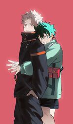  2boys arms_around_back bakugou_katsuki belt belt_pouch black_belt black_coat black_pants black_shorts blonde_hair boku_no_hero_academia coat collared_coat commentary feet_out_of_frame freckles green_coat green_eyes green_hair hand_in_pocket hashtag-only_commentary high_collar highres homare04271 long_sleeves looking_at_viewer male_focus midoriya_izuku multicolored_clothes multicolored_coat multiple_boys open_mouth outstretched_arms pants parted_lips pouch profile red_background red_eyes scar scar_on_cheek scar_on_face scar_on_hand shorts simple_background sleeves_past_wrists 