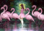  1girl bird brown_hair dress flamingo forest from_side hair_behind_ear kilart long_hair looking_down nature off-shoulder_dress off_shoulder original pink_dress solo standing thigh-highs water white_thighhighs 