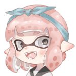  1girl :d bandana blue_bandana blush commentary ear_blush eyes_visible_through_hair fangs grey_eyes highres inkling inkling_girl inkling_player_character open_mouth pink_hair plum0o0 pointy_ears portrait short_hair simple_background smile solo splatoon_(series) suction_cups symbol-only_commentary teeth tentacle_hair white_background 