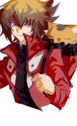  1boy animal_bag black_shirt brown_eyes cat cropped_torso duel_academy_uniform_(yu-gi-oh!_gx) hair_between_eyes highres jacket long_sleeves looking_at_viewer male_focus multicolored_hair nini9275 pharaoh_(cat) red_jacket shirt short_hair sketch smile solo thick_eyebrows tsurime two-tone_hair whiskers white_background yu-gi-oh! yu-gi-oh!_gx yuki_judai 