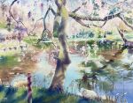  blue_sky cherry_blossoms day didi_daisukedoi fence_post grass highres hill no_humans original painting_(medium) park pond reflection reflective_water scenery sky traditional_media tree water watercolor_(medium) 
