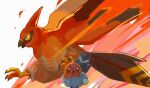  animal_focus beak bird bird_tail commentary_request evolutionary_line fire fletchling no_humans pokemon pokemon_(creature) red_eyes simple_background tail talonflame talons torisan_7_7 white_background wings yellow_eyes 
