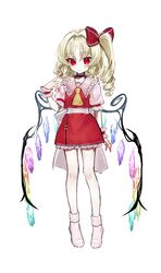  1girl absurdres aorin_oekaki ascot blonde_hair blush choker closed_mouth collared_shirt crystal fingernails flandre_scarlet frilled_shirt_collar frilled_skirt frilled_sleeves frills full_body highres long_fingernails long_hair looking_at_viewer nail_polish no_shoes one_side_up red_choker red_eyes red_nails red_skirt red_vest sharp_fingernails shirt short_sleeves simple_background skirt socks solo touhou vest white_background white_shirt white_socks wings wrist_cuffs yellow_ascot 