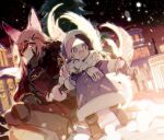  2girls animal_ears black_coat black_gloves black_hair christmas christmas_tree closed_mouth coat forever_7th_capital fox_ears fox_tail gloves hand_up kitsune kyuubi multicolored_hair multiple_girls multiple_tails open_mouth pink_eyes pink_hair sapphire_(nine) seishaku_(forever_7th_capital) smile split-color_hair tail violet_eyes yuri_(forever_7th_capital) 