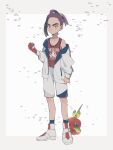  1boy black_hair closed_mouth commentary_request dipplin gloves hand_up highres hime_(himetya105) holding holding_poke_ball jacket kieran_(pokemon) knees long_sleeves male_focus multicolored_hair poke_ball poke_ball_(basic) pokemon pokemon_(creature) pokemon_sv purple_hair red_gloves red_shirt shirt shoes shorts single_glove single_off_shoulder sleeveless sleeveless_shirt socks standing tank_top two-tone_hair white_background white_footwear white_jacket white_shorts yellow_eyes 